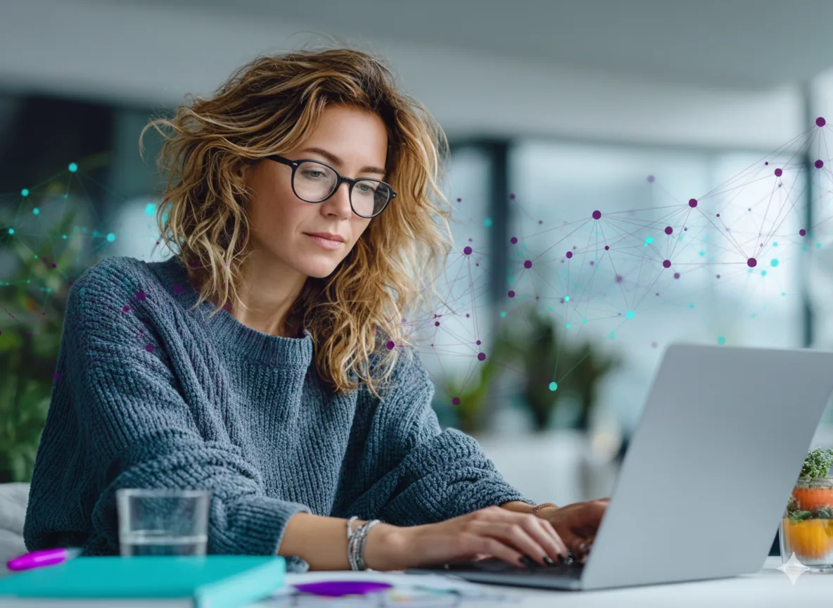 Einzelperson arbeitet konzentriert mit Laptop und KI-Tools in modernem Arbeitsumfeld